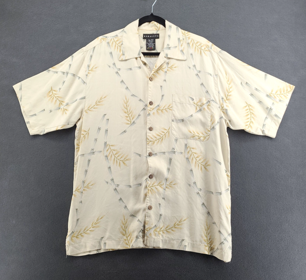 Baracuta Cabana Shirt Mens M Cream 100% Silk Bamboo Hawaiian Camp Button Up